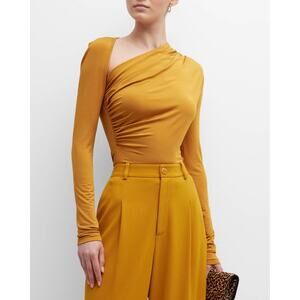 Lapointe Asymmetric Ruched Long-Sleeve Jersey Top Mustard Yellow Size 10